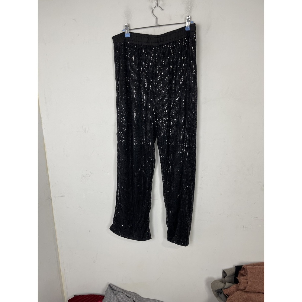 SHEIN CURVE Womens 1XL Black Sequin Wide Leg Elastic Waist Party‎ Pants